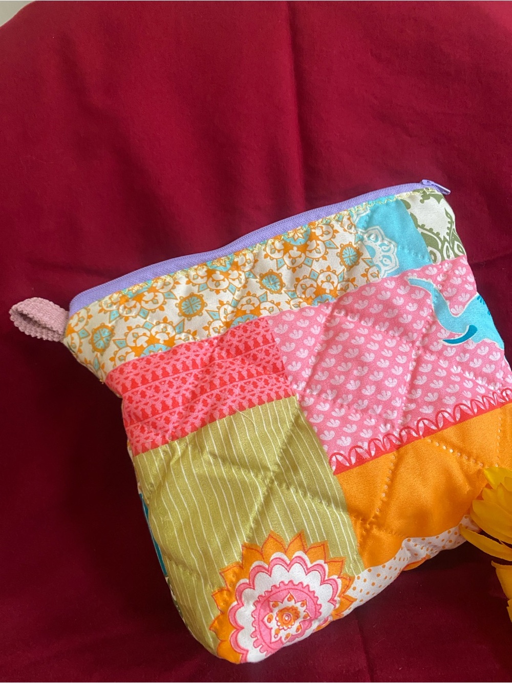 Quilted Elephant Print Cosmetic Pouch - Pink & Teal - Picture 2 of 2